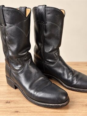 Justin Boots Black Leather Pull-On Western Boots. JACKSON 10" ROPER. 6.5